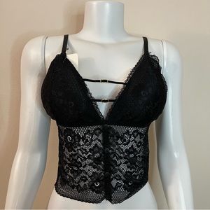 Black front straps button details removable pads  long line lace bralette